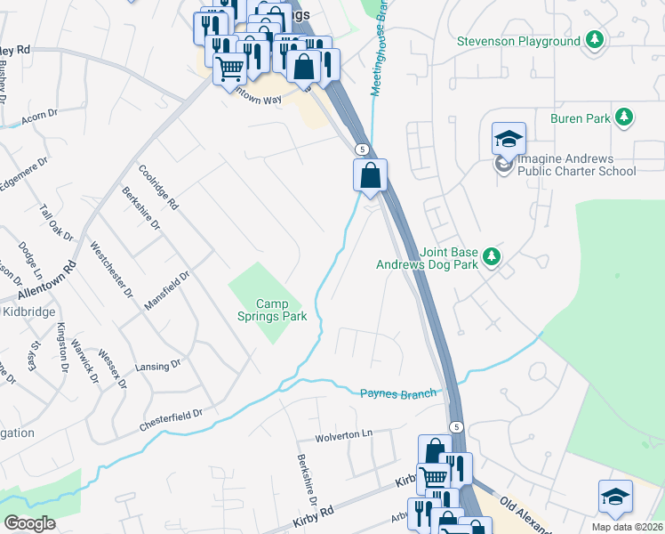 map of restaurants, bars, coffee shops, grocery stores, and more near 6909 Coolridge Drive in Temple Hills