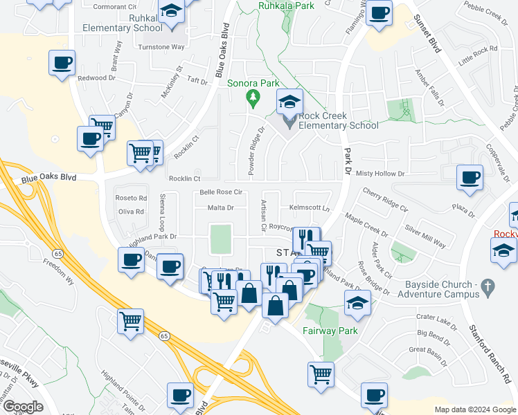 map of restaurants, bars, coffee shops, grocery stores, and more near 7184 Artisan Circle in Roseville