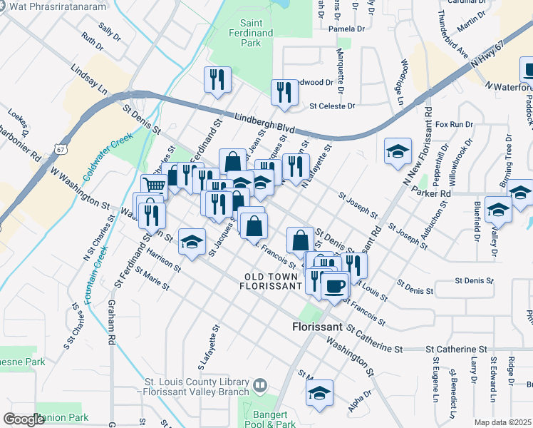 map of restaurants, bars, coffee shops, grocery stores, and more near 730 North Jefferson Street in Florissant