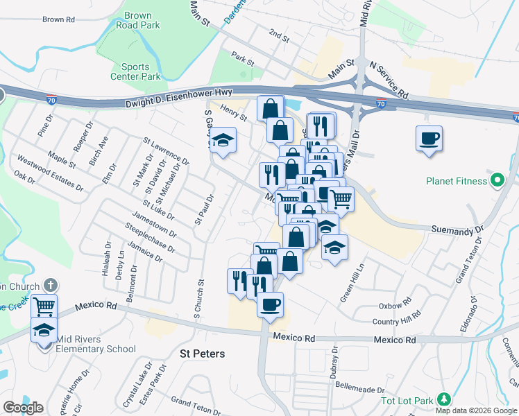 map of restaurants, bars, coffee shops, grocery stores, and more near 303 Crown Colony Court in St. Peters