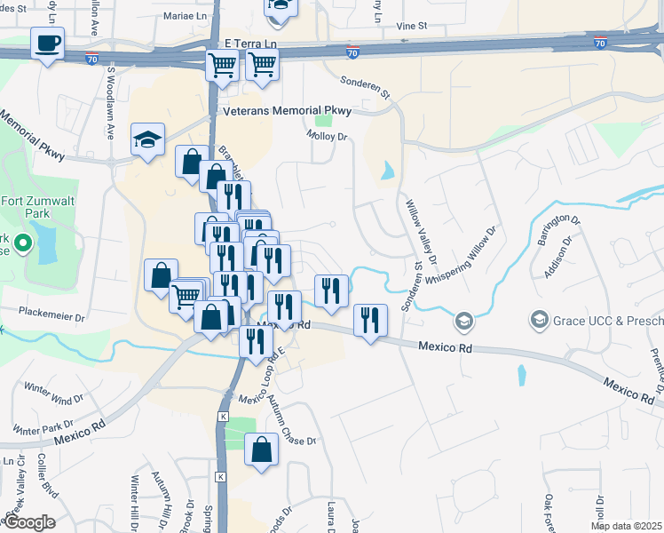 map of restaurants, bars, coffee shops, grocery stores, and more near 1432 Bramblett Valley in O'Fallon