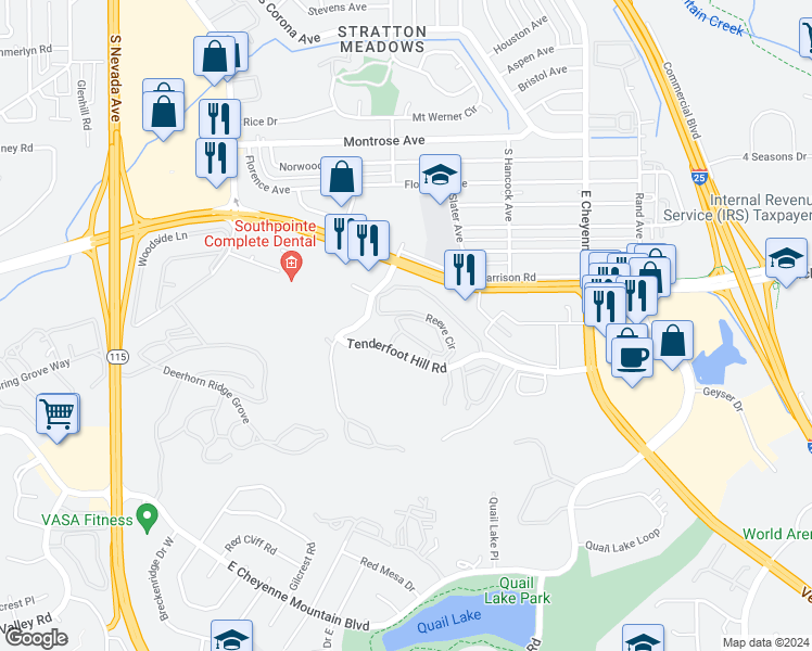 map of restaurants, bars, coffee shops, grocery stores, and more near 840 Tenderfoot Hill Road in Colorado Springs