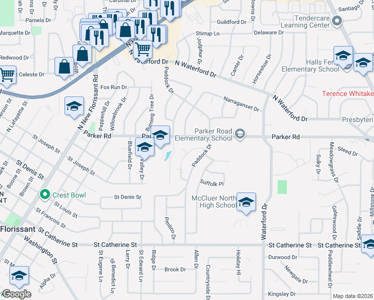 map of restaurants, bars, coffee shops, grocery stores, and more near 2480 Churchill Downs in Florissant