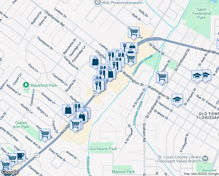 map of restaurants, bars, coffee shops, grocery stores, and more near 100 North Highway 67 in Florissant