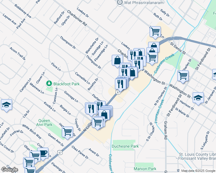 map of restaurants, bars, coffee shops, grocery stores, and more near 664 Materdie Lane in Florissant