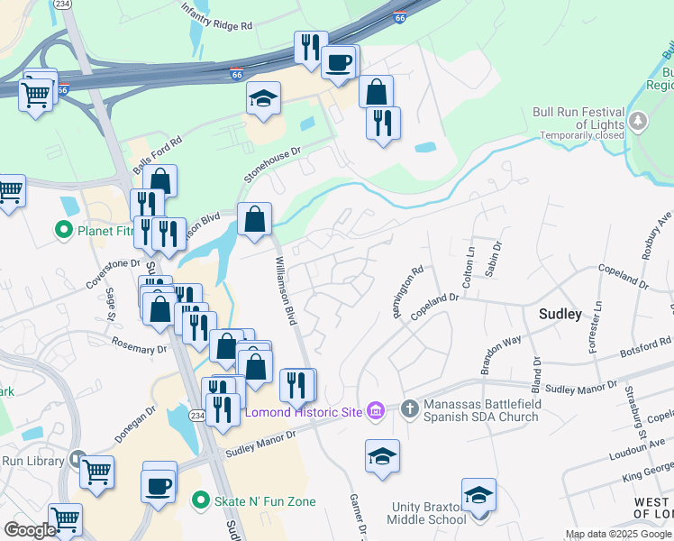map of restaurants, bars, coffee shops, grocery stores, and more near 10435 Rapidan Lane in Manassas