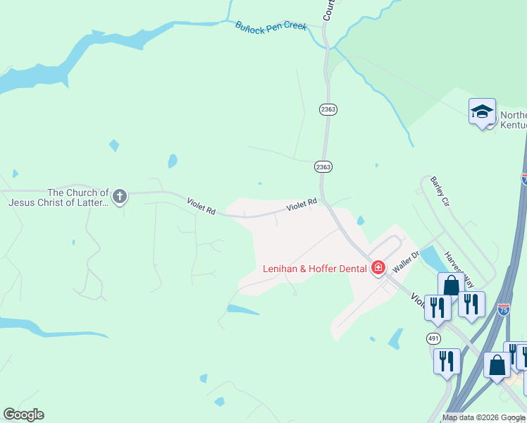 map of restaurants, bars, coffee shops, grocery stores, and more near 1195 Violet Road in Crittenden