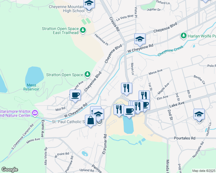 map of restaurants, bars, coffee shops, grocery stores, and more near 3 Stratton Avenue in Colorado Springs