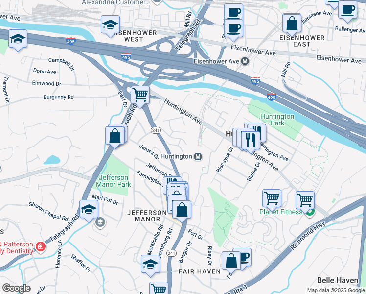 map of restaurants, bars, coffee shops, grocery stores, and more near 2622 Wagon Drive in Alexandria