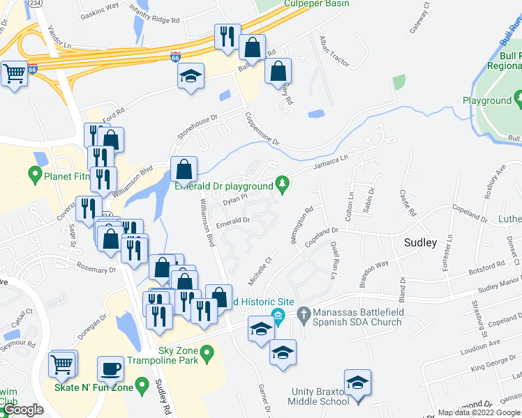 map of restaurants, bars, coffee shops, grocery stores, and more near 7476 Emerald Drive in Manassas