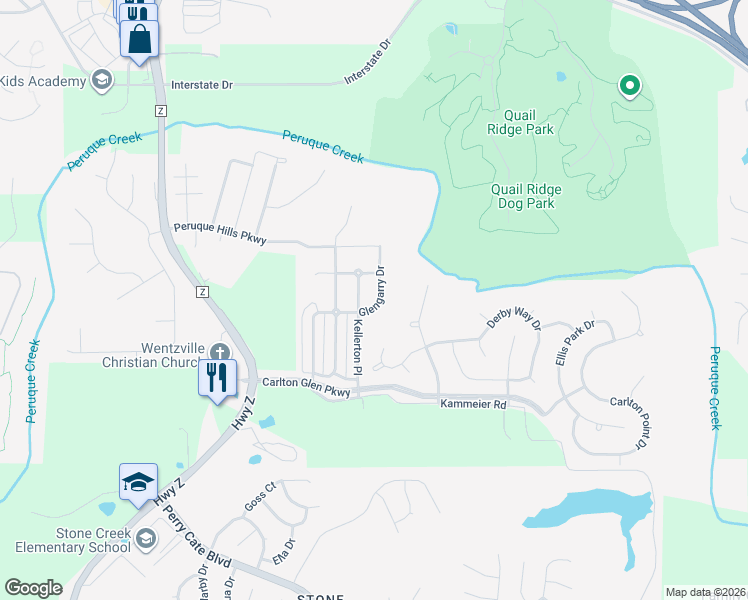 map of restaurants, bars, coffee shops, grocery stores, and more near 4001 Glengarry Drive in Wentzville