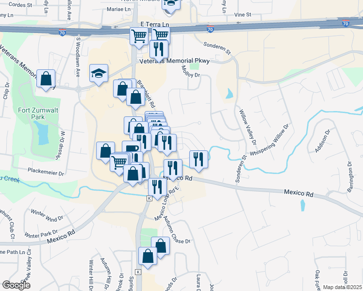 map of restaurants, bars, coffee shops, grocery stores, and more near 313 Bramblett Hills in O'Fallon