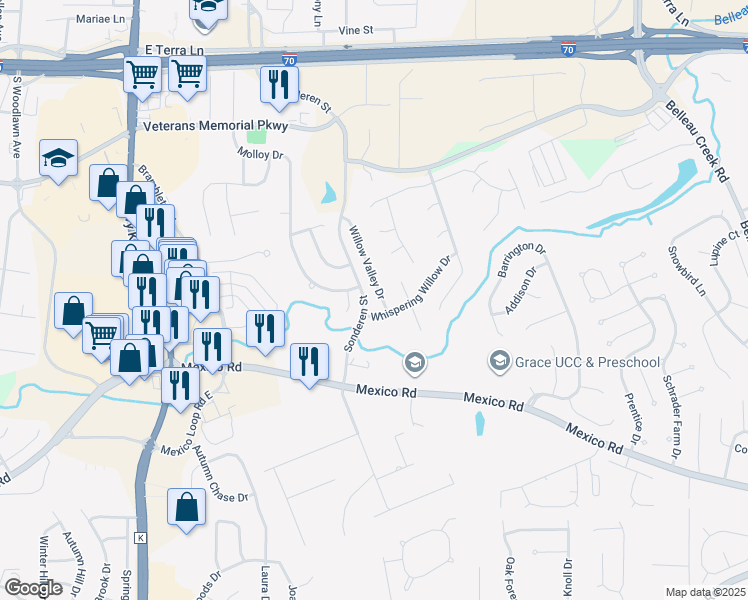 map of restaurants, bars, coffee shops, grocery stores, and more near 561 Willow Valley Drive in O'Fallon