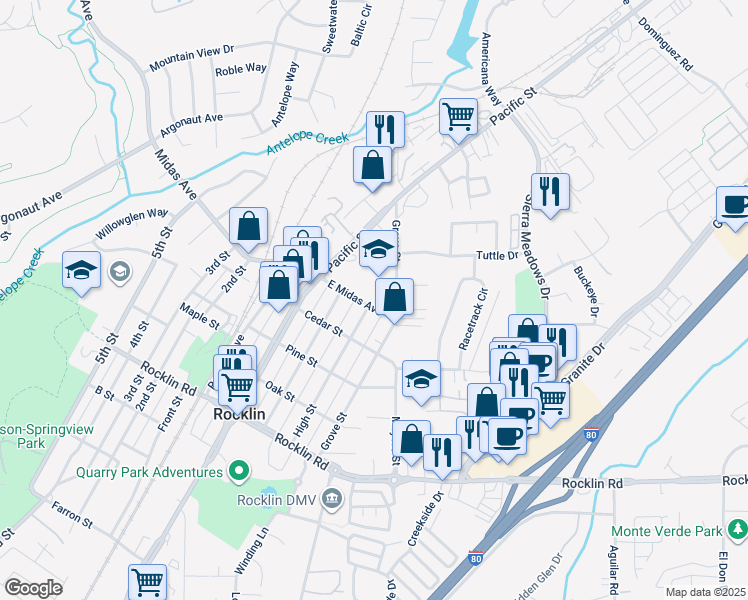 map of restaurants, bars, coffee shops, grocery stores, and more near 4015 East Midas Avenue in Rocklin