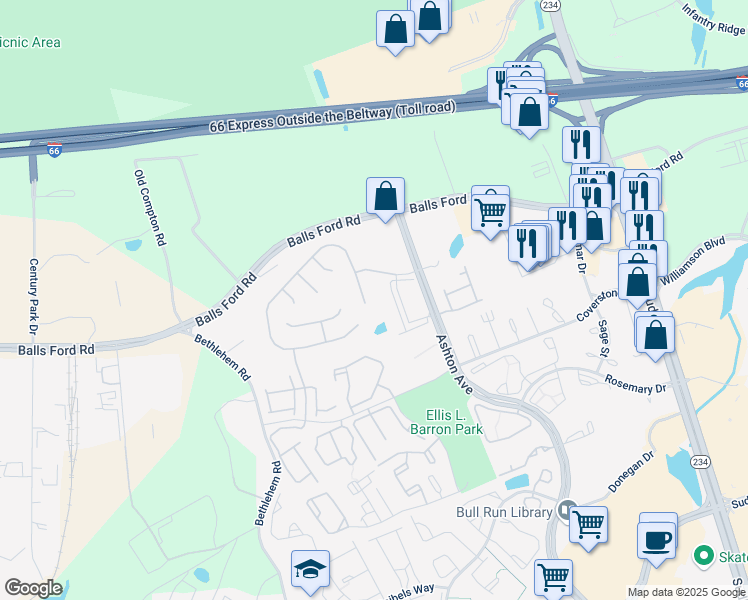 map of restaurants, bars, coffee shops, grocery stores, and more near 11367 Wheeler Ridge Drive in Manassas