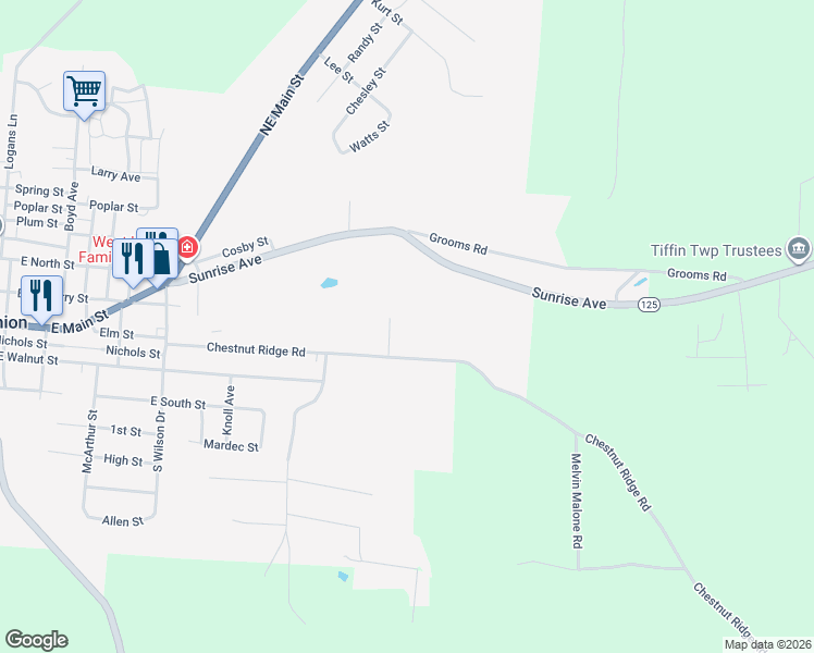 map of restaurants, bars, coffee shops, grocery stores, and more near 500 Chestnut Ridge Road in West Union
