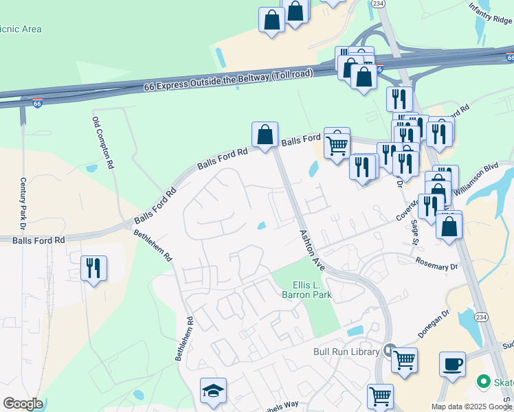 map of restaurants, bars, coffee shops, grocery stores, and more near 11367 Wheeler Ridge Drive in Manassas
