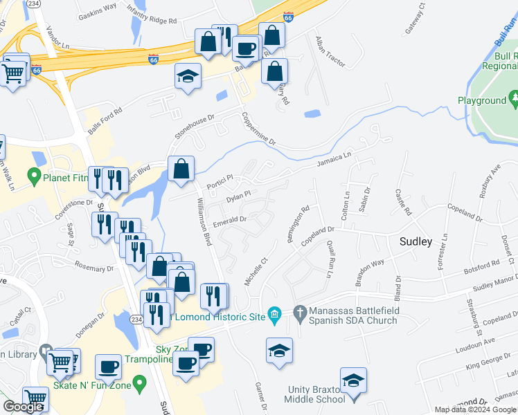 map of restaurants, bars, coffee shops, grocery stores, and more near 7474 Emerald Drive in Manassas