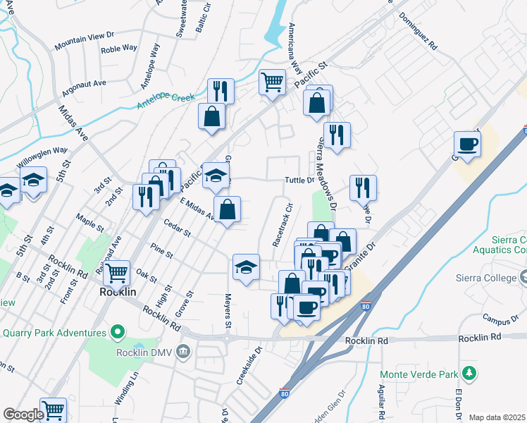 map of restaurants, bars, coffee shops, grocery stores, and more near 4720 Racetrack Road in Rocklin