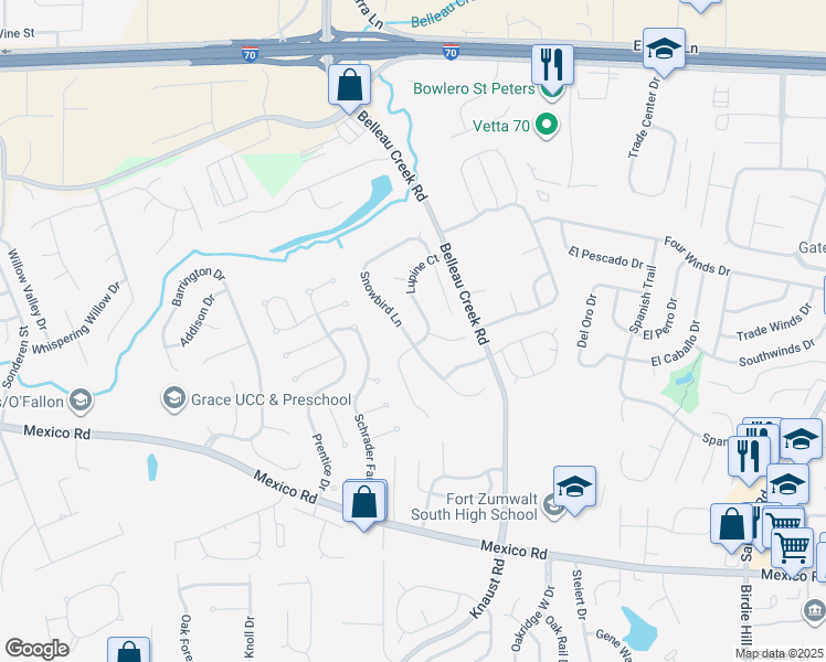 map of restaurants, bars, coffee shops, grocery stores, and more near 1464 Snowbird Lane in O'Fallon