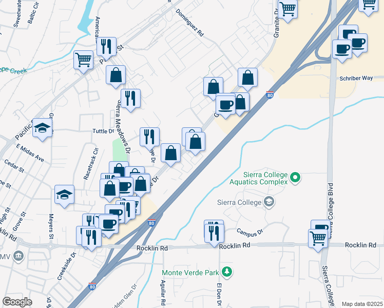 map of restaurants, bars, coffee shops, grocery stores, and more near 4441 Granite Drive in Rocklin