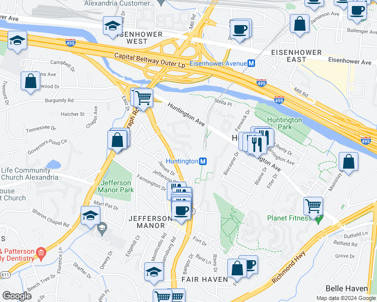 map of restaurants, bars, coffee shops, grocery stores, and more near 2620 Wagon Drive in Alexandria