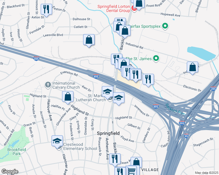 map of restaurants, bars, coffee shops, grocery stores, and more near 5754 Backlick Road in Springfield
