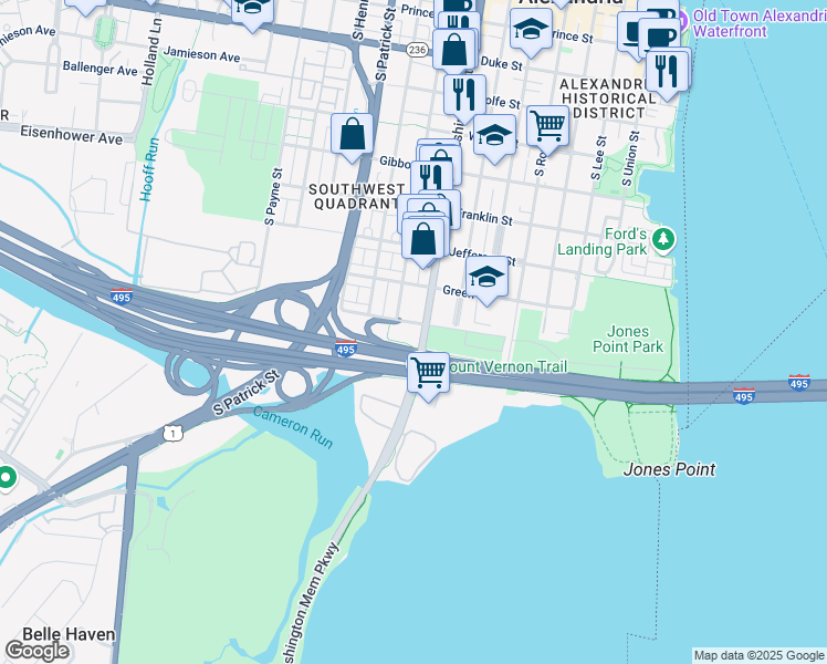 map of restaurants, bars, coffee shops, grocery stores, and more near 1001 South Washington Street in Alexandria