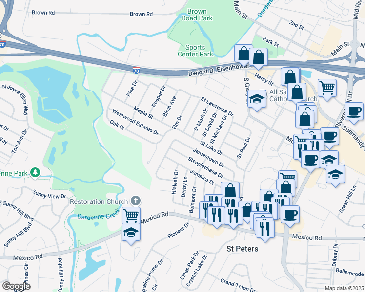 map of restaurants, bars, coffee shops, grocery stores, and more near 45 Jamestown Drive in St. Peters