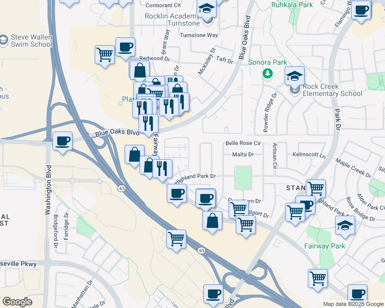 map of restaurants, bars, coffee shops, grocery stores, and more near 8540 Cortina Circle in Roseville