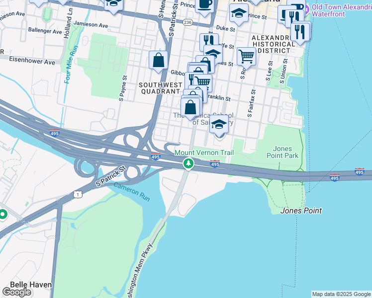 map of restaurants, bars, coffee shops, grocery stores, and more near 1001 South Washington Street in Alexandria