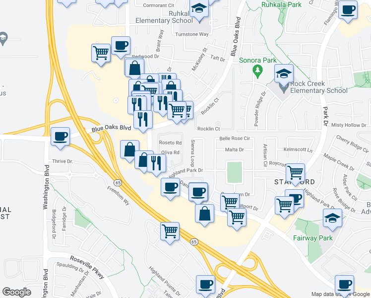 map of restaurants, bars, coffee shops, grocery stores, and more near 8540 Cortina Circle in Roseville