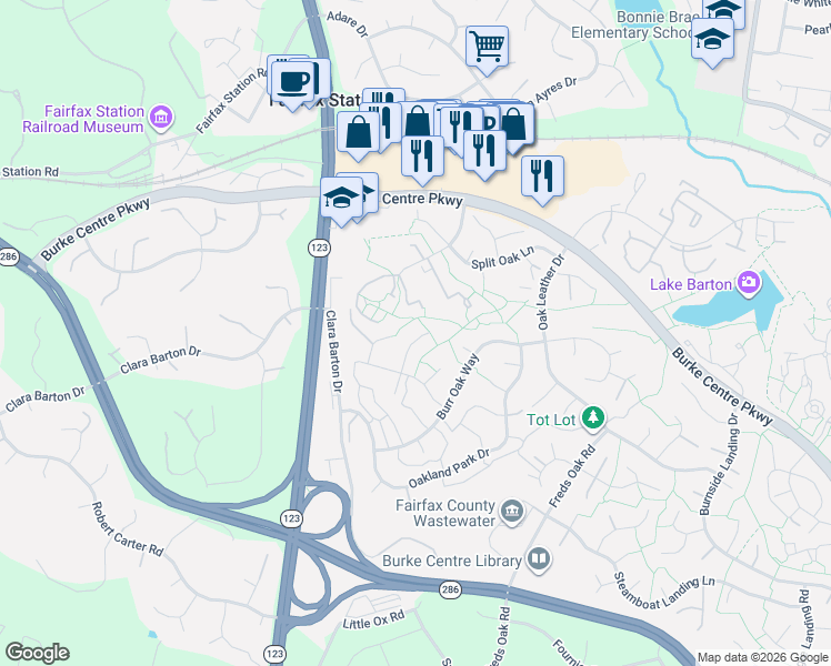 map of restaurants, bars, coffee shops, grocery stores, and more near 5910 Oak Ridge Court in Burke