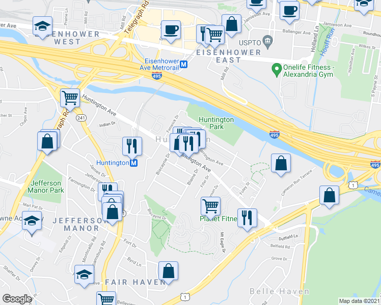 map of restaurants, bars, coffee shops, grocery stores, and more near 2272 Huntington Ave in Alexandria