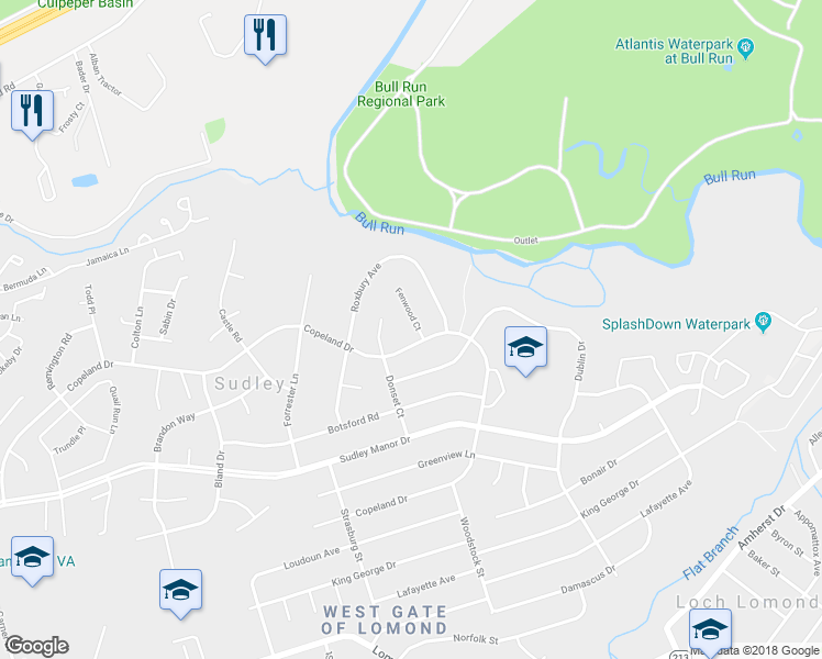 map of restaurants, bars, coffee shops, grocery stores, and more near 7416 Fenwood Court in Manassas