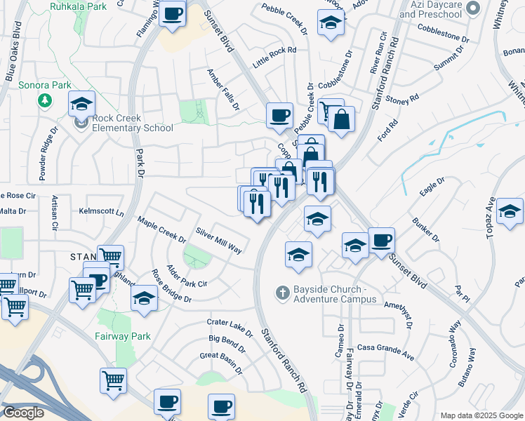 map of restaurants, bars, coffee shops, grocery stores, and more near 6160 Stanford Ranch Road in Rocklin