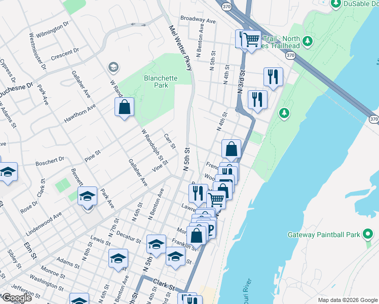 map of restaurants, bars, coffee shops, grocery stores, and more near 1506 North 5th Street in Saint Charles