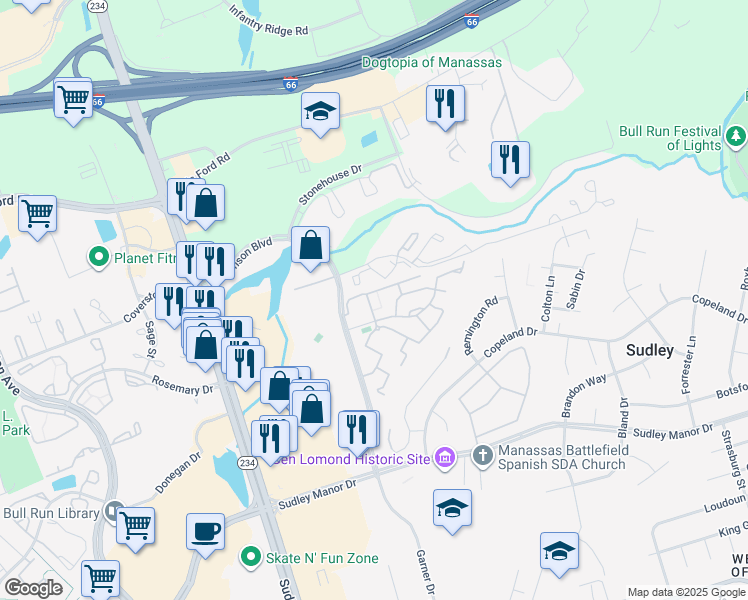 map of restaurants, bars, coffee shops, grocery stores, and more near 10480 Stonington Lane in Manassas