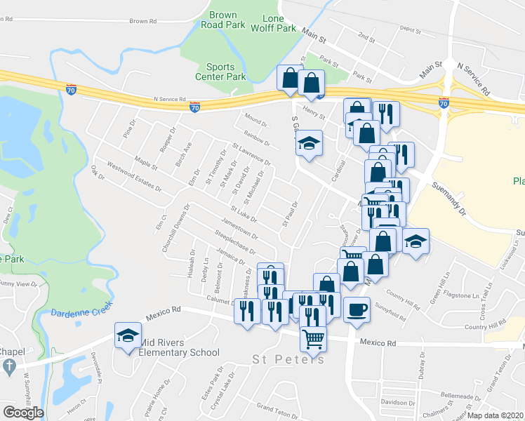 map of restaurants, bars, coffee shops, grocery stores, and more near 12 Saint Violet Drive in St. Peters
