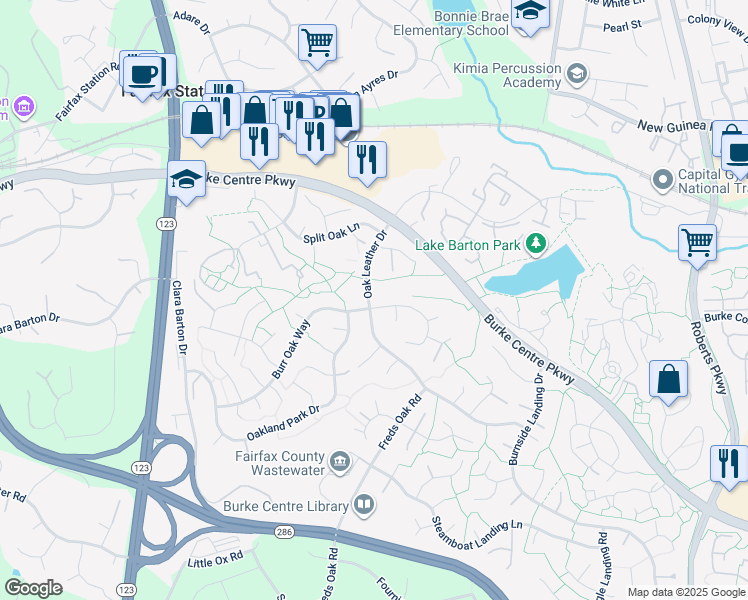 map of restaurants, bars, coffee shops, grocery stores, and more near 10718 Burr Oak Way in Burke