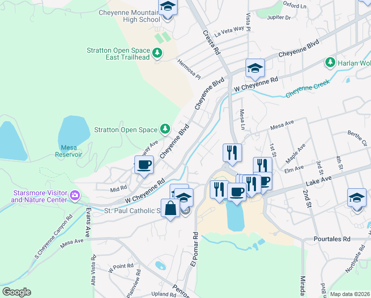 map of restaurants, bars, coffee shops, grocery stores, and more near 1528 West Cheyenne Road in Colorado Springs