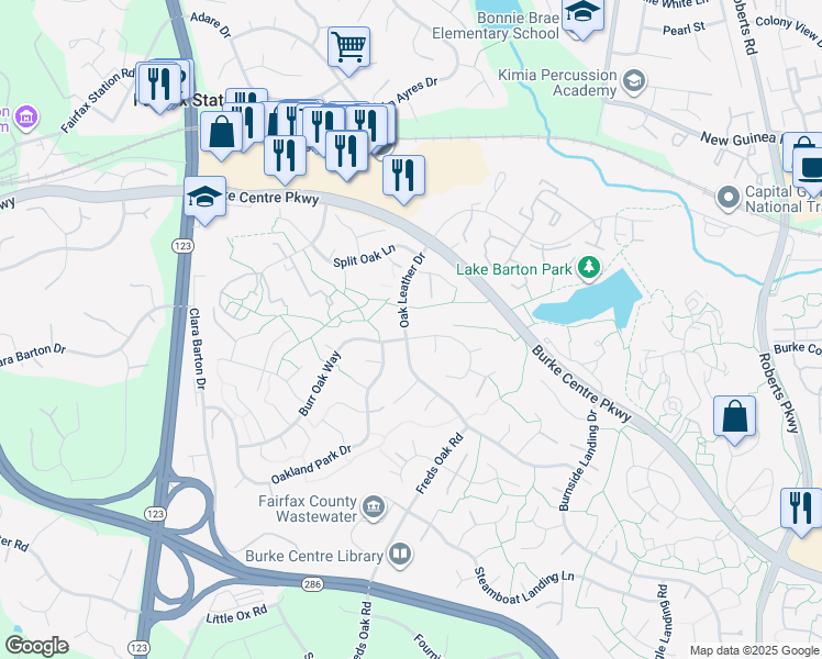 map of restaurants, bars, coffee shops, grocery stores, and more near 10718 Burr Oak Way in Burke