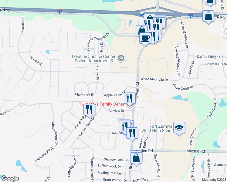 map of restaurants, bars, coffee shops, grocery stores, and more near 3 Ohio Valley Court in O'Fallon