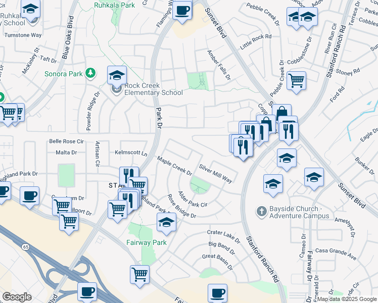 map of restaurants, bars, coffee shops, grocery stores, and more near 6820 Cherry Ridge Circle in Roseville