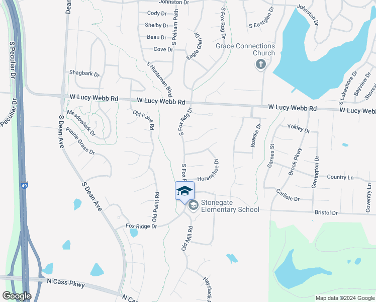map of restaurants, bars, coffee shops, grocery stores, and more near 1520 Wrangler Way in Raymore