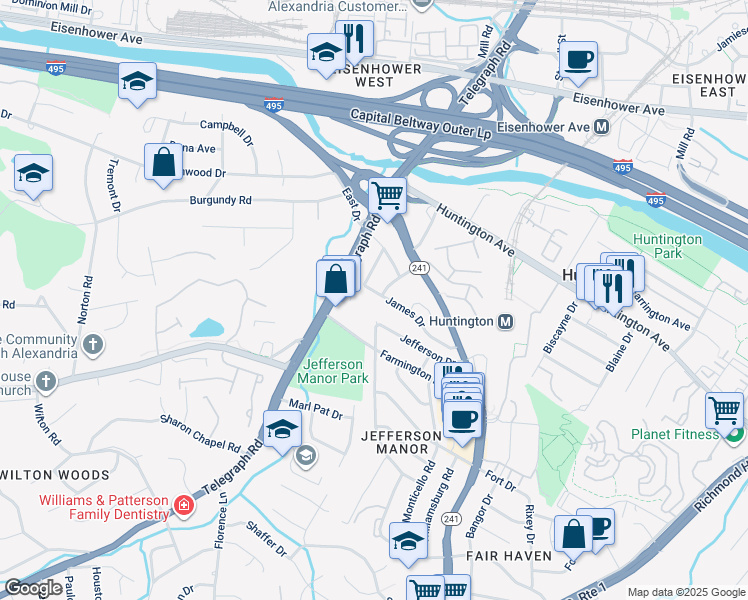 map of restaurants, bars, coffee shops, grocery stores, and more near 2813 James Drive in Alexandria