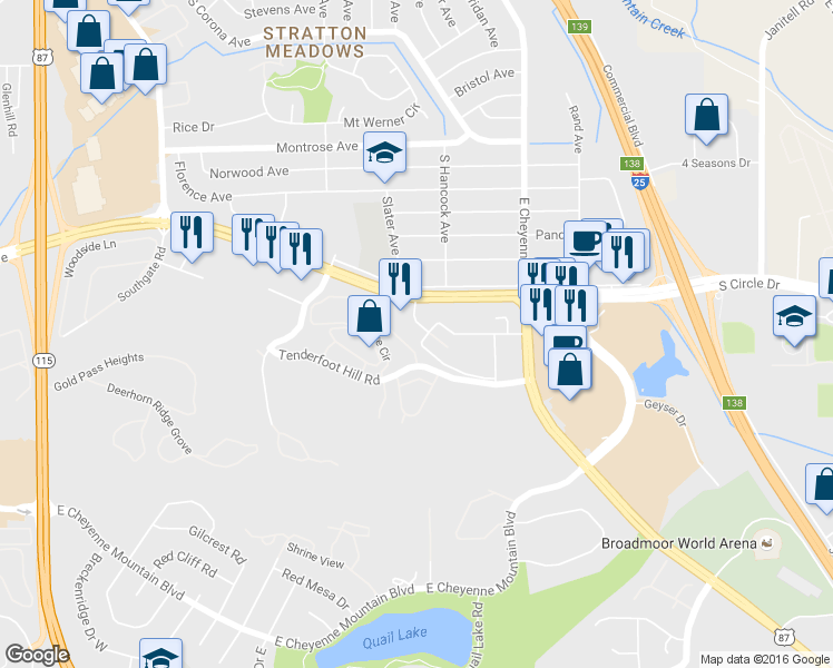 map of restaurants, bars, coffee shops, grocery stores, and more near 1160 Lake Plaza Drive in Colorado Springs