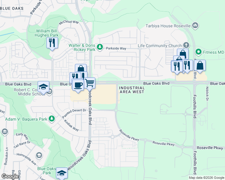 map of restaurants, bars, coffee shops, grocery stores, and more near 1491 Blue Oaks Boulevard in Roseville