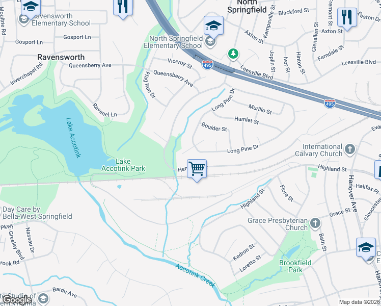 map of restaurants, bars, coffee shops, grocery stores, and more near 7629 Webbwood Court in Springfield
