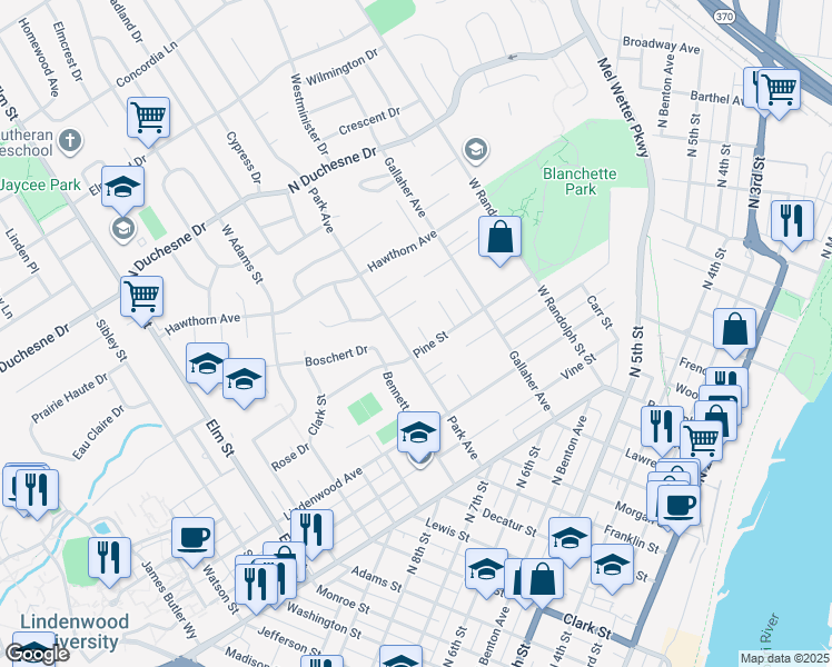 map of restaurants, bars, coffee shops, grocery stores, and more near 1913 Krekel Place in Saint Charles